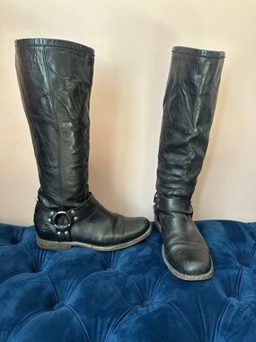 Frye Philip Harness Black Leather Knee-High Riding Boots - Women